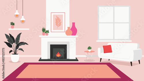 Charming pink themed living room interior with modern fireplace and minimalist decor vector illustration perfect for home design projects