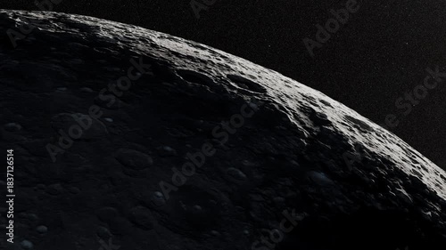 Moon Surface Close-Up With Cratered Terrain And Curved Horizon In Space At Dusk