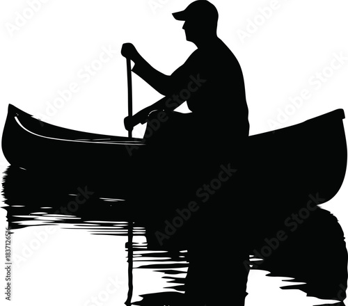 Serene silhouette of a solitary canoeist gliding across tranquil waterscape illustration