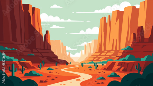 Vibrant Desert Landscape with Red Rock Formations and Cacti Under a Cloudy Sky