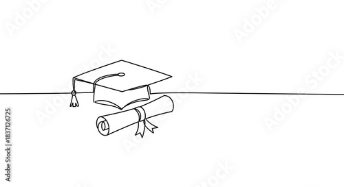 Simple continuous line drawing of graduation cap and diploma on a white backdrop
