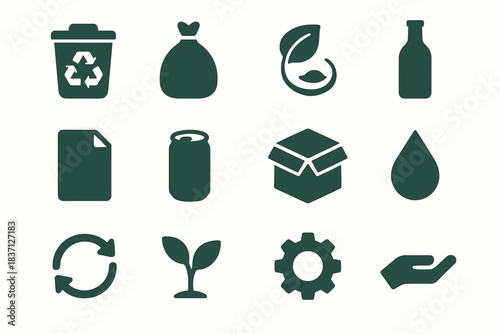 Hand bag box trash set icon recycle plant sorting vector gear glass