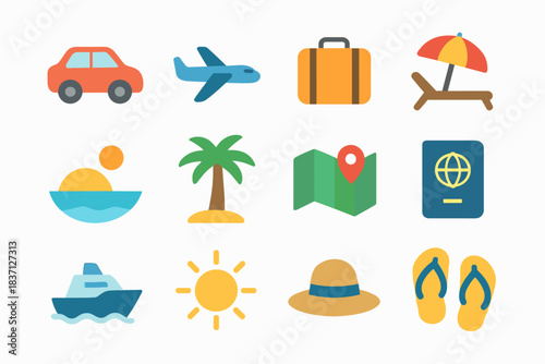 Icons suitcase set passport airplane palm map travel umbrella sun hat icon