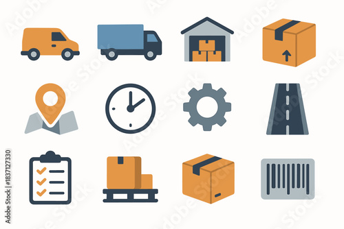 Set icon pallet box vector truck pin logistics clock warehouse gear map