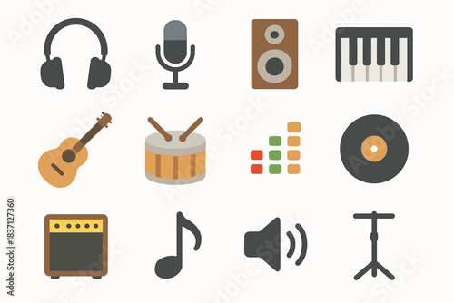 Headphones icons sound guitar piano drum music amplifier speaker icon note vector