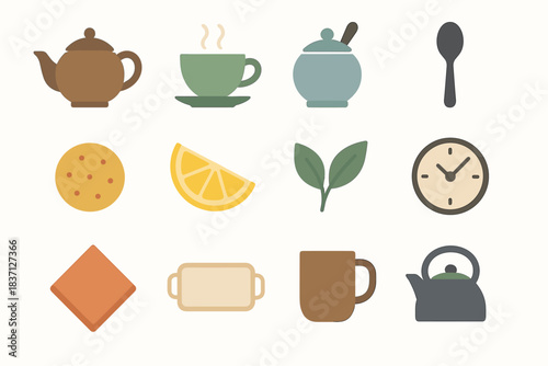 Sugar icons time cup cookie kettle tea teapot icon vector tray napkin