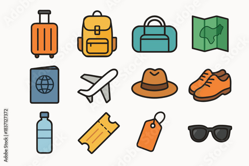 Minimal icon sunglasses bag suitcase travel tag icons passport duffle map backpack