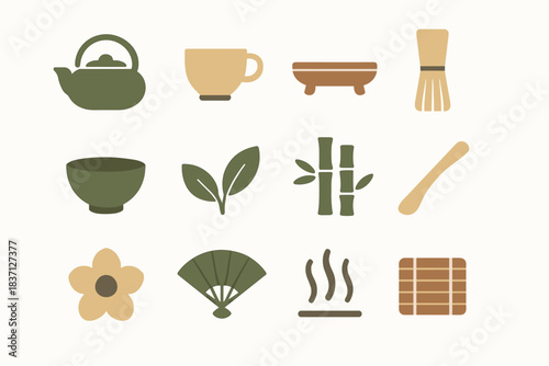 Ceremony tray cup icons tea leaves steam vector icon mat flower pot