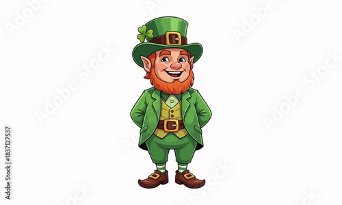 A delightful cartoon leprechaun illustration, dressed in his iconic green suit and hat with a shamrock, representing Irish folklore and the festive spirit of a cultural celebration