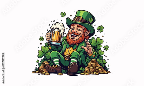 Joyful leprechaun celebrating an Irish festivity with a frothy beer, surrounded by lucky clovers and a treasure of gold coins, embodying the spirit of good fortune and cheer
