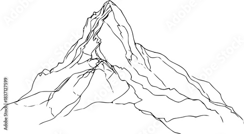 Line art illustration of majestic mountain range against a white backdrop alpine landscape peak