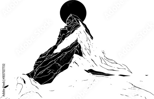 Striking monochrome illustration of rugged mountain peaks silhouetted against a solar eclipse