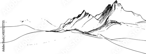 Monochrome mountain range illustration conveying vastness and scenic landscape beauty