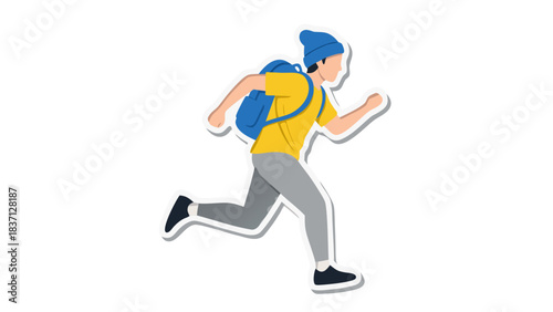 Energetic Young Man in Blue Beanie and Yellow T-Shirt Running with Blue Backpack on Black Background Dynamic Action Pose Minimalist Flat Illustration Style