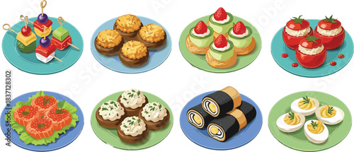 Appetizers, finger foods, hors d'oeuvres, party snacks, stuffed mushrooms, sushi, deviled eggs, crackers, vector, illustration