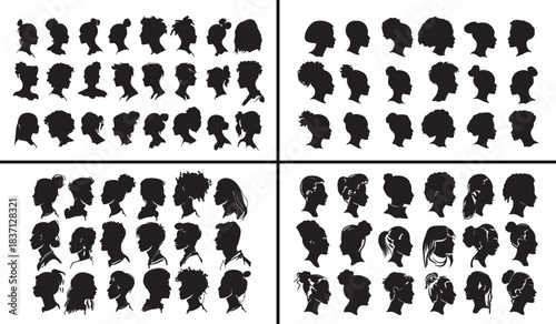 female silhouette clipart, woman profile illustration, head outline icons, lady portrait vector, people face silhouettes, black white woman clipart, printable female icons, profile illustration pack, 