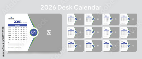 Customizable desk calendar 2026 template, corporate desk calendar schedule 2026 monthly 12-page planner layout, editable vector eps 10 file format