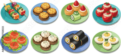 Assorted cartoon-style appetizers on plates including sushi, deviled eggs, stuffed mushrooms, finger foods, party snacks, vector illustration