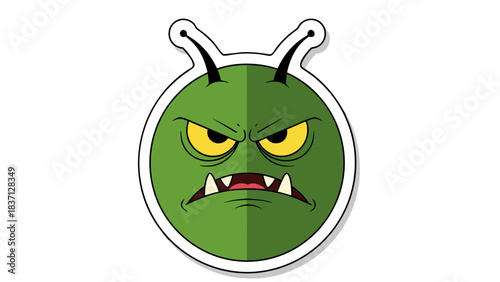 Fierce Green Monster Character with Angry Eyes and Sharp Teeth Against a Black Background Featuring Antennas and a Sticker Outline