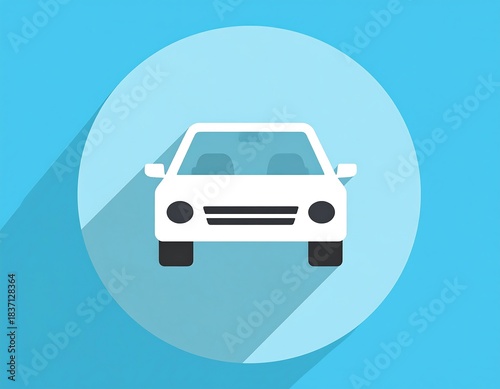 Simplified front view of a white car illustration, within a blue circle, shadow effect, on cyan backdrop