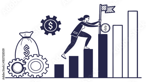 Vector image of an ascending bar chart with minimalist financial icons, corporate style on a white background.