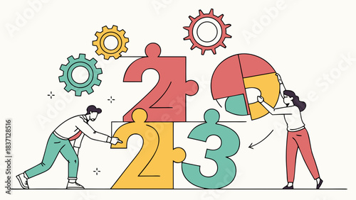 A vector of numbers being assembled like puzzle pieces, symbolizing data analysis and organization.
