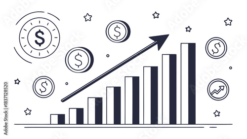 Vector image of an ascending bar chart with minimalist financial icons, corporate style on a white background.