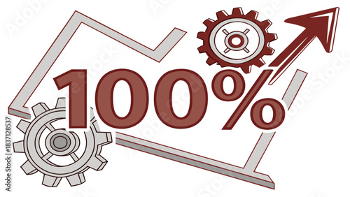 Vector number “100%” with metallic effect and upward arrows, representing growth and efficiency.