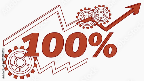 Vector number “100%” with metallic effect and upward arrows, representing growth and efficiency.
