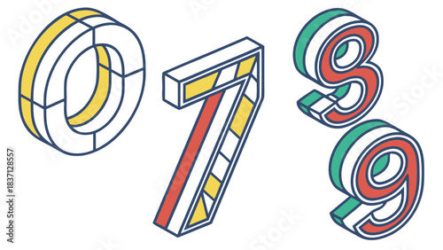 Minimalist vector of numbers 0–9 in a 3D geometric style with vibrant colors, isolated on a white background.