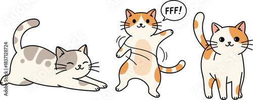 Cartoon cats with expressive poses and fur patterns, stretching, vocalizing, standing, playful feline illustration, isolated on white background