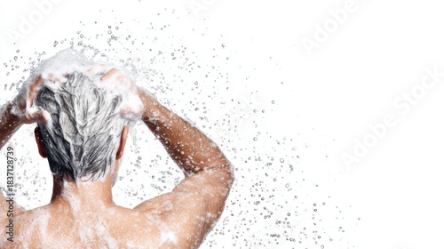 Hair Care Routine: A man enjoys the revitalizing experience of washing his hair, lathering it with gentle care under refreshing water, promoting health and cleanliness.