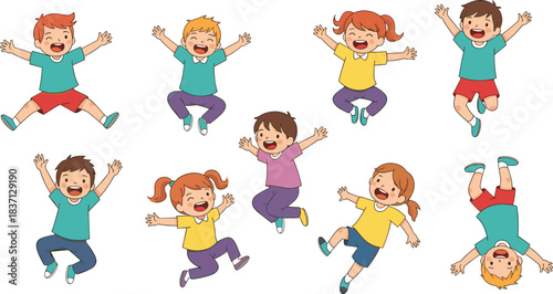 Cartoon kids jumping, happy children, playful poses, colorful outfits, joyful expression, childhood fun, vector art, smiling faces, energetic movement, white background