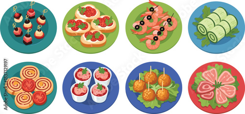 Assorted appetizer plates with skewers, bruschetta, shrimp, rolls, and decorative bites for catering, party, or culinary inspiration.