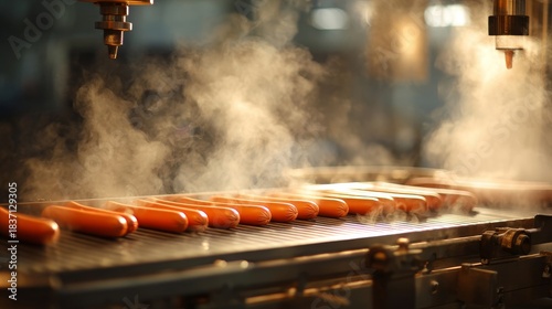 A conveyor belt with hot dogs on it and steam coming out of it