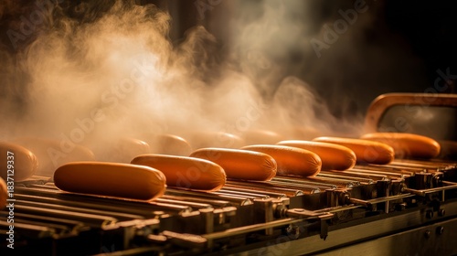 A conveyor belt with hot dogs on it