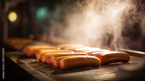 A row of hot dogs are cooking on a grill