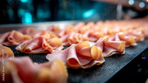 A row of ham slices are on a conveyor belt