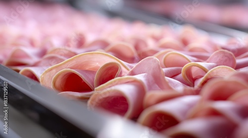 A close up of a tray of ham slices