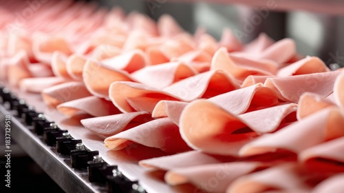 A row of sliced ham on a conveyor belt