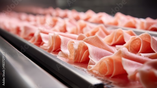 A row of pink meat slices on a conveyor belt