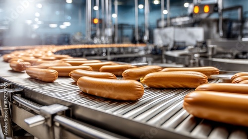 A conveyor belt is filled with hot dogs