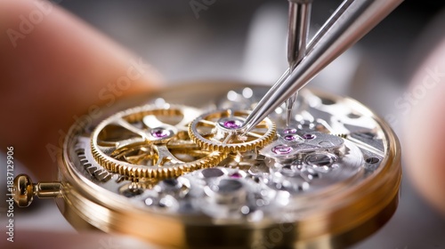 A person is working on a watch, using a tool to adjust the gears