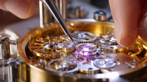 A person is working on a watch, using a tool to adjust the gears