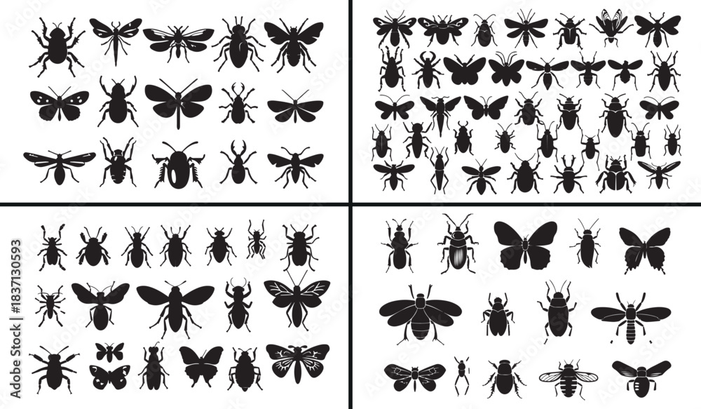 Obraz premium Insect Vector Icons, Bug Silhouette Illustration, Beetle and Fly Design, Nature Wildlife Clipart, Creepy Crawling Artwork, Entomology Study Vector, Small Creature Graphic, Natural Bug Symbol, Wild Ani