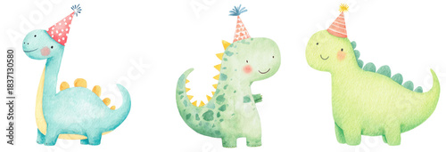 Party Dinosaur Trio: Cheerful trio of watercolor dinosaur illustrations wearing party hats, perfect for a children's birthday or playful theme.