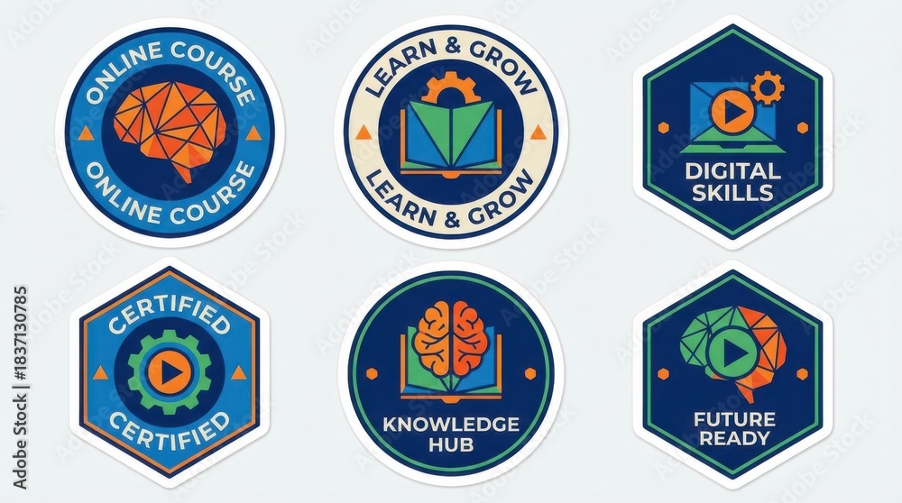 Naklejka premium geometric online education course symbols label and badge set suitable for print-on-demand products and merch isolated on white background