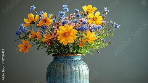 A vibrant bouquet of yellow and blue flowers in a ceramic vase, captured in a bright, cheerful still life.