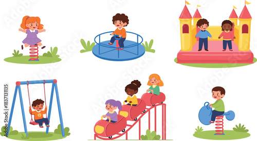 Children playing, playground equipment, spring rider, swing, roller coaster, bouncy castle, fun activity, cartoon, vector