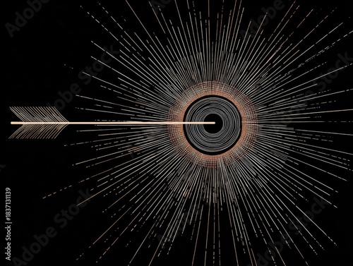 Concentric lines radiate from center. Arrow points to the center against a stark black background
